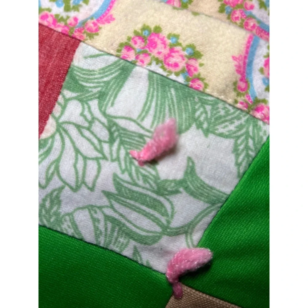 VTG 70s Handmade Patchwork Tie Quilt Floral Plaid Multi Color Cottagecore Throw